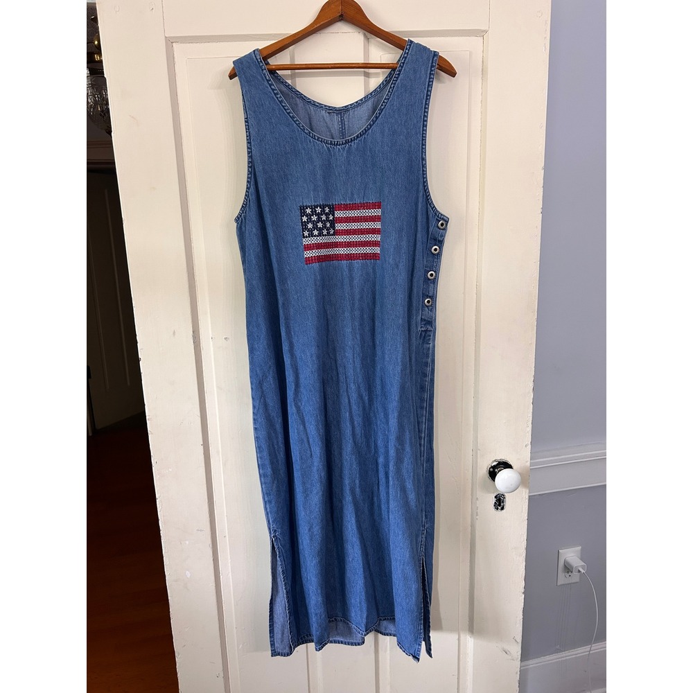 Vintage Denim American Flag Jumper Dress Blue Sleeveless Side Button Midi Maxi